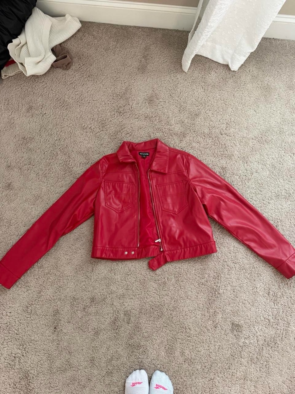 PrettyLittleThing Red Faux Leather Cropped Zip Jacket